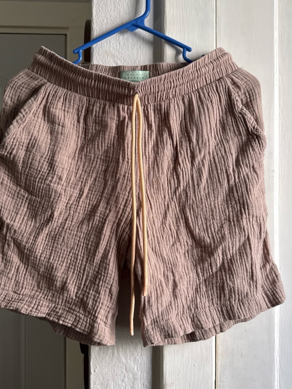 High-Waist Textured Drawstring Shorts in Tan